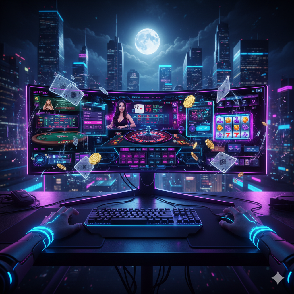 Futuristic gaming setup with virtual dealer.