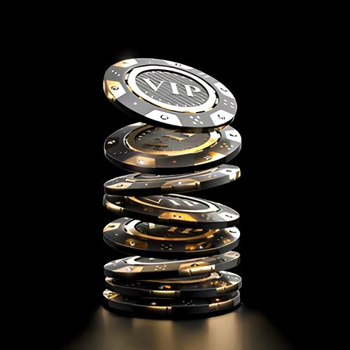 Stack of VIP casino chips on black background.