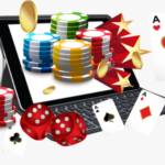 Online casino with chips and playing cards.