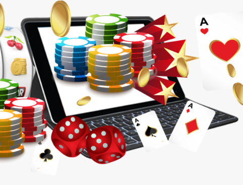 Online casino with chips and playing cards.